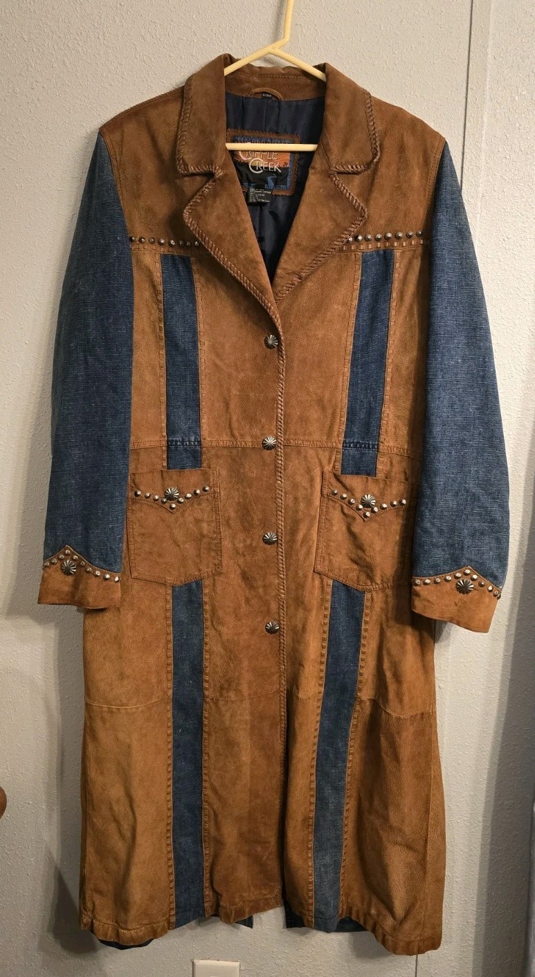 Vintage Cripple Creek Western Leather Denim Duster Long Jacket Trench Coat