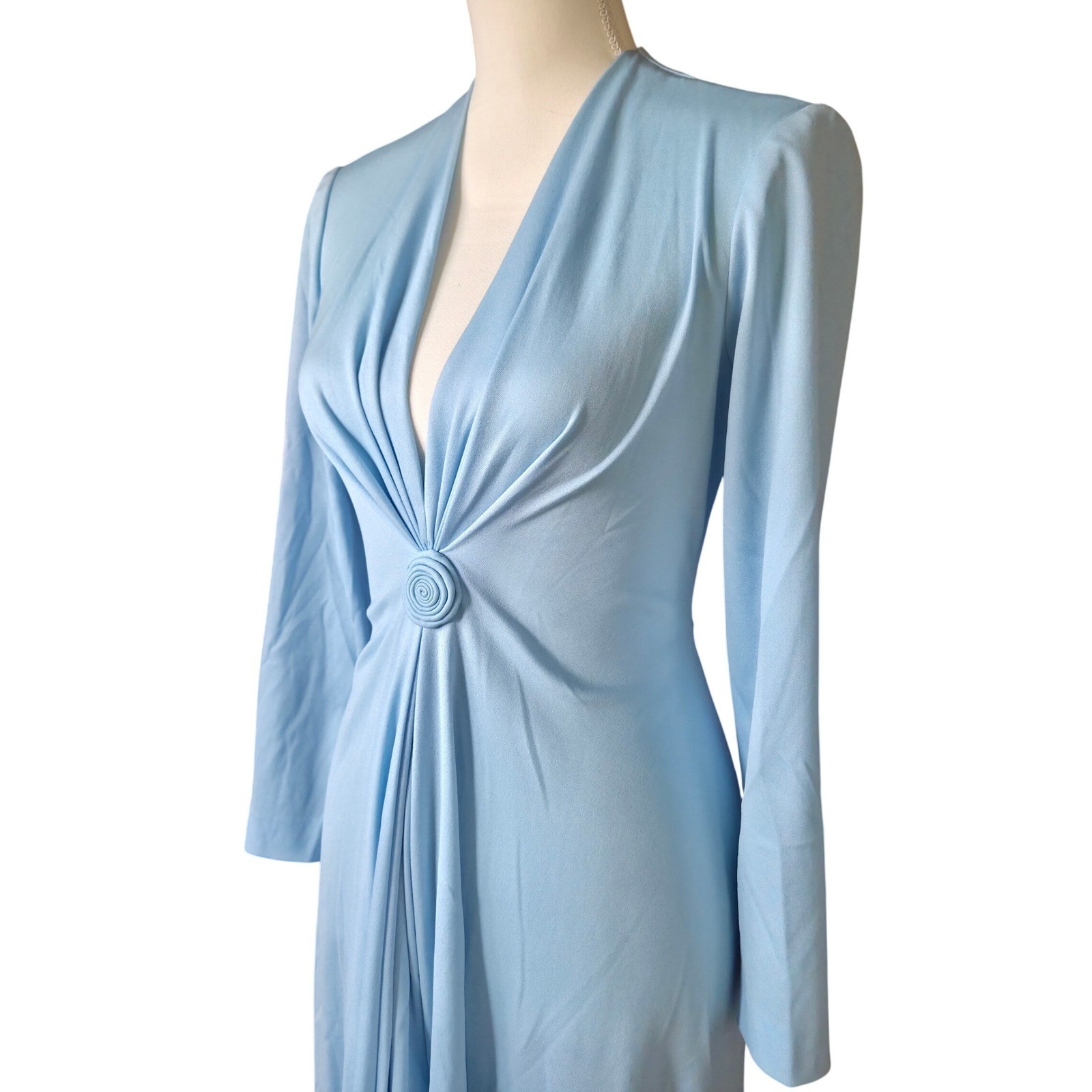 VTG 70s Felix Arbeo B Altman Blue Twist Maxi Dress Disco Goddess Gown Plunge
