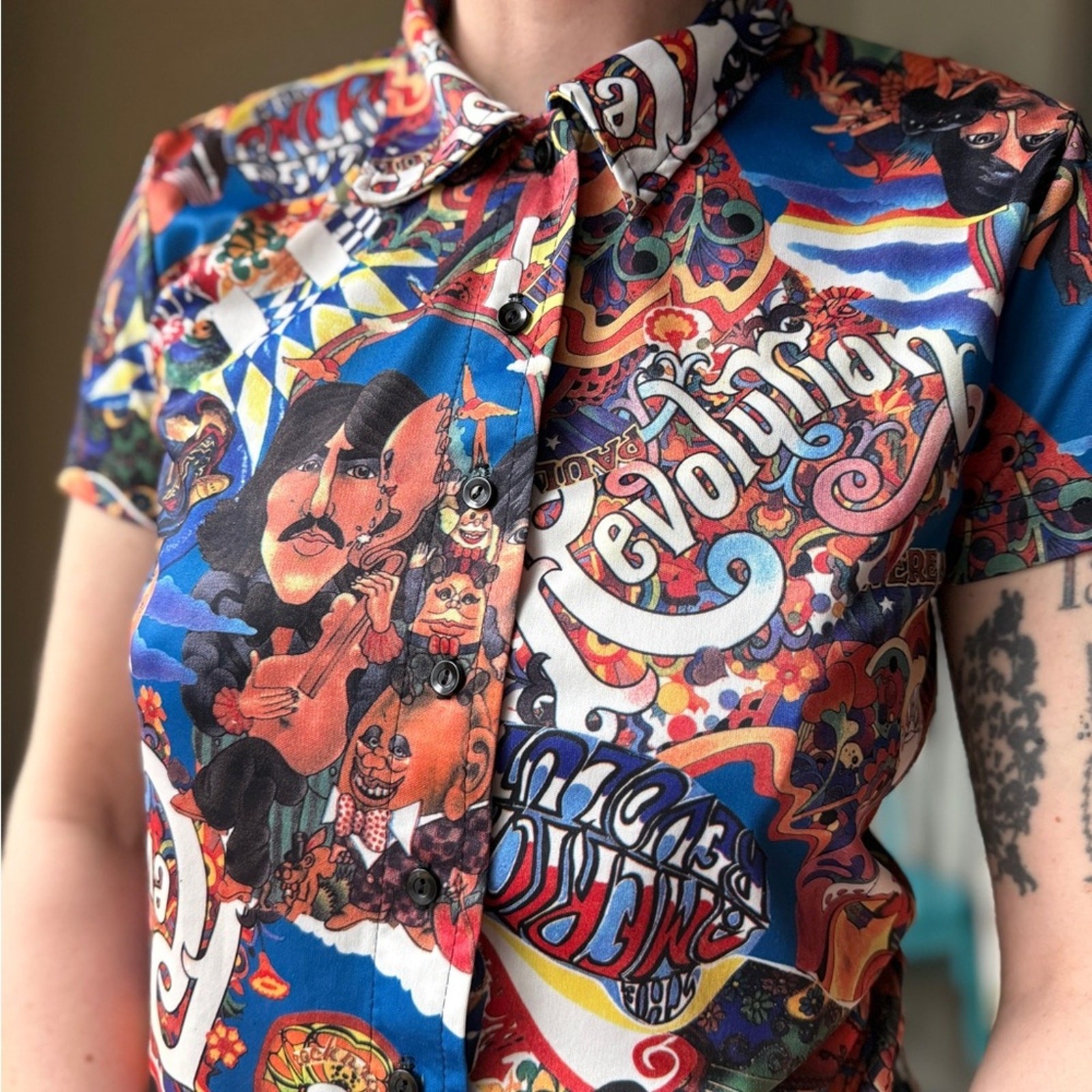 Vintage 90s Psychedelic Beatles Print Shirt | Pop Art Graphic Button Up | S/M