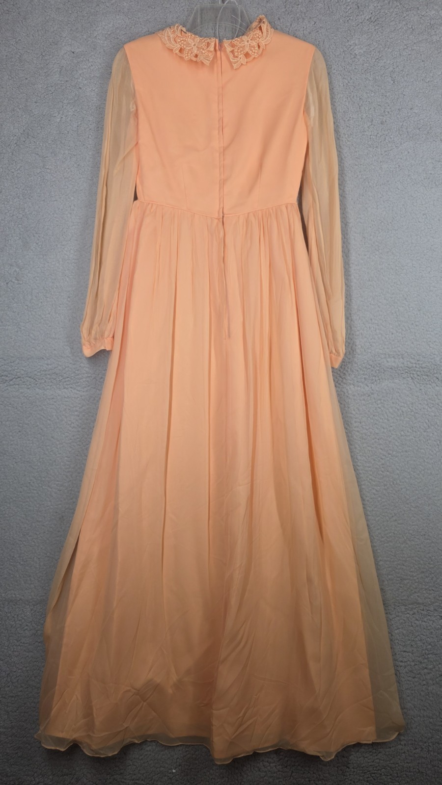 1970s Dress Size 4 Peach Silk Chiffon Long Sleeve Maxi Bridesmaid Vintage