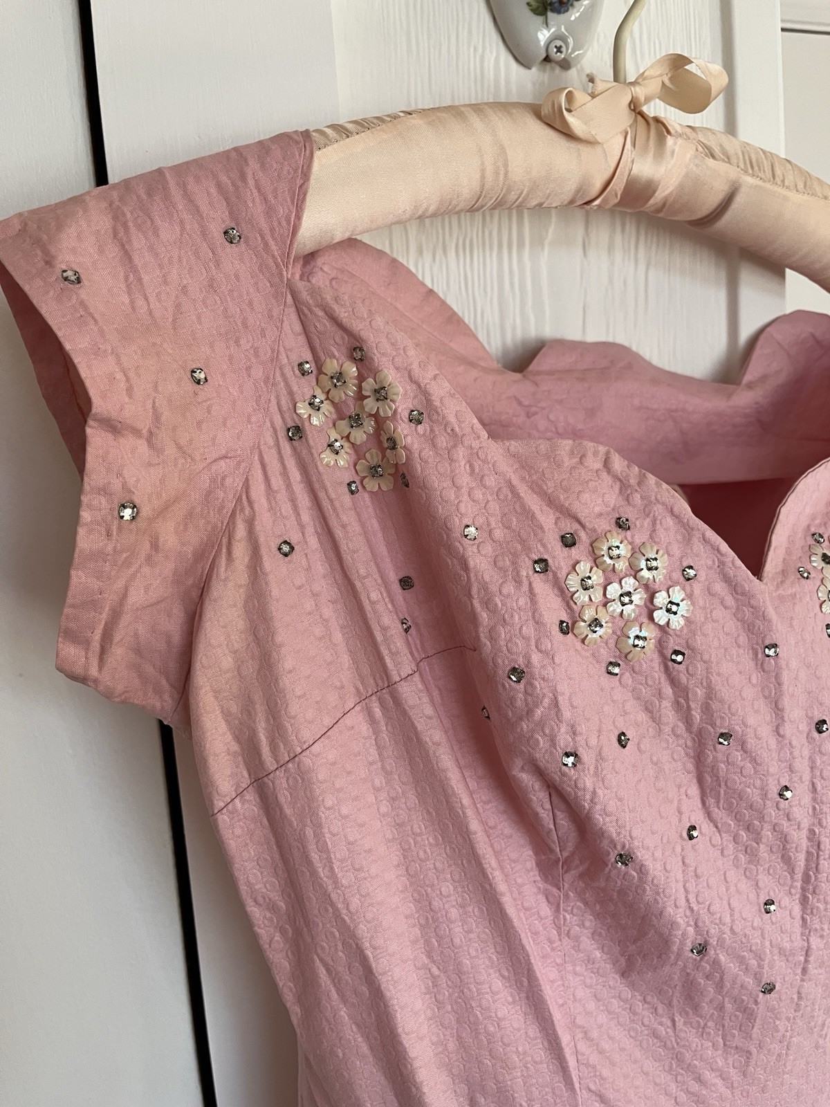 Orig 50s Pinup Dress Pink Cotton Rhinestone Swing Skirt Sun Fun California SM