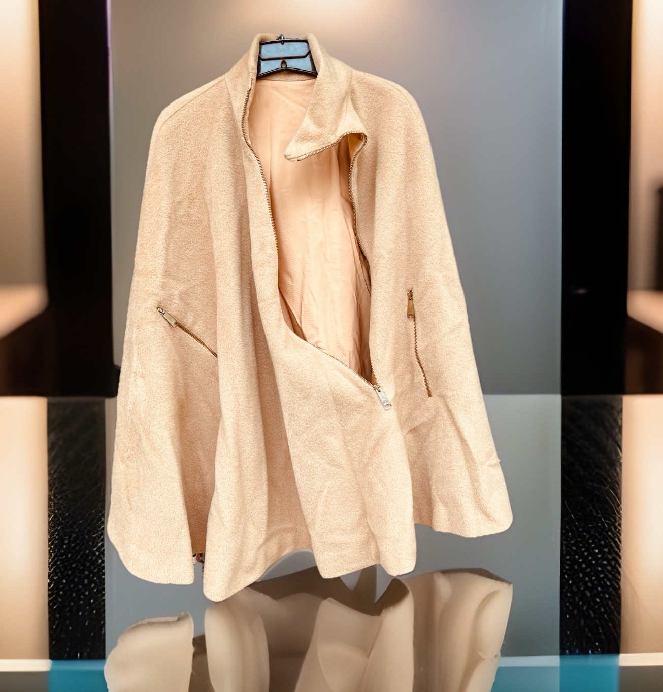 50s 60s Saks 5th Ave Wool Midi Cape Coat VTG Camel Hi Collar Front Zip