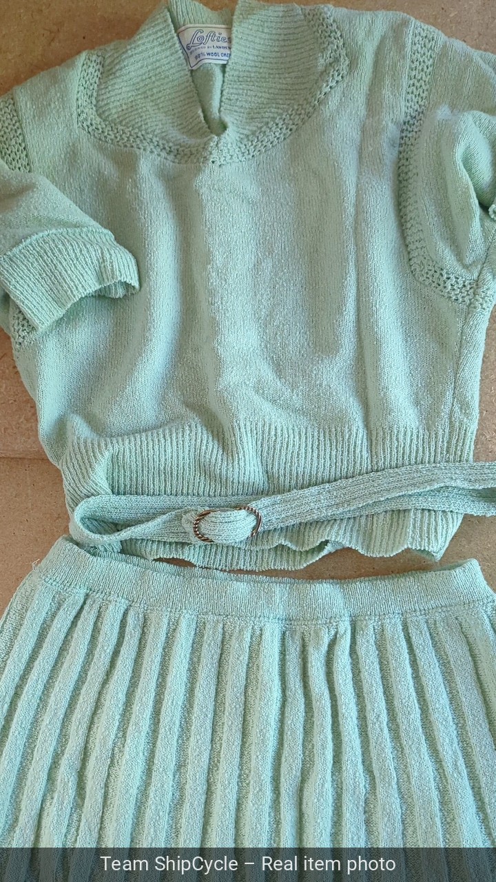 Vintage 1950s Lofties Sea Foam Green 3 Piece Knit Skirt Set Med Lg G2U