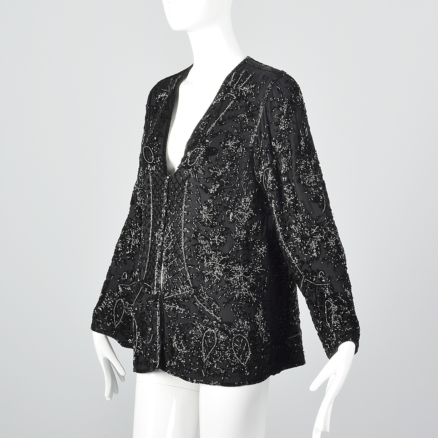 Medium Eavis & Brown Black Silk Beaded Jacket Silk Flowy Separates 1980s VTG