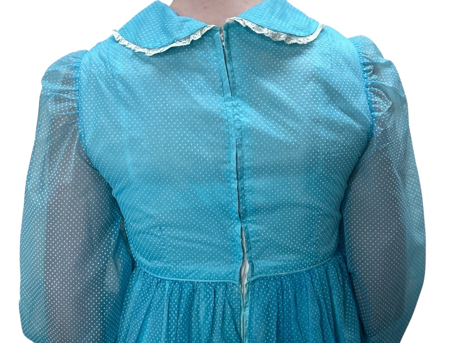 Vtg 60s Sz XS~S BABYDOLL Mini Dress Blue Swiss Dot Empire Waistline MOD