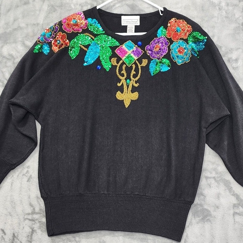 NEW Vintage Fitting Image Sweater Womens 14/16 Black Multicolor Sequin Beaded