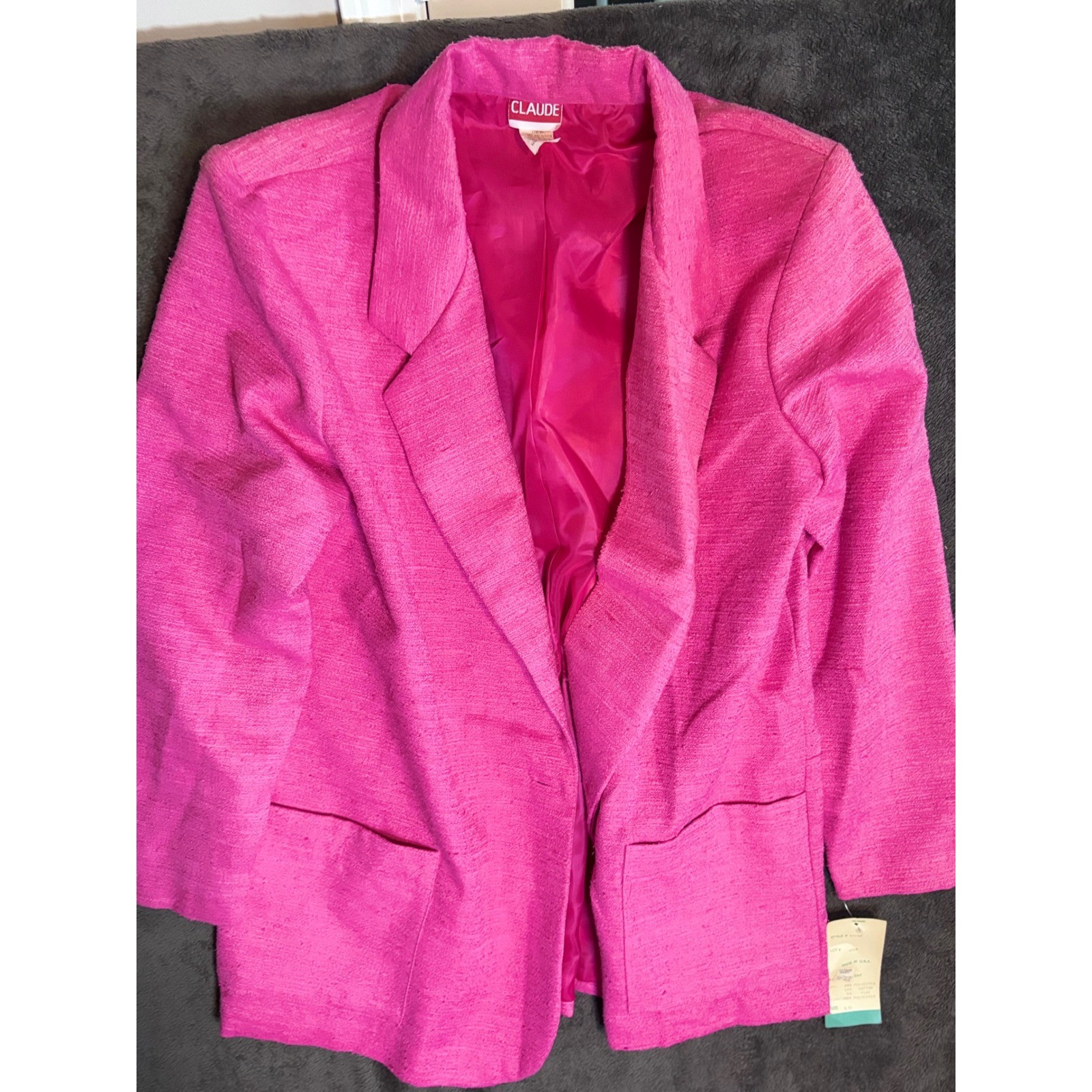 Claude Vintage Pink Pant Suit Set Blazer Trousers Fuchsia Textured Size 16 NWT