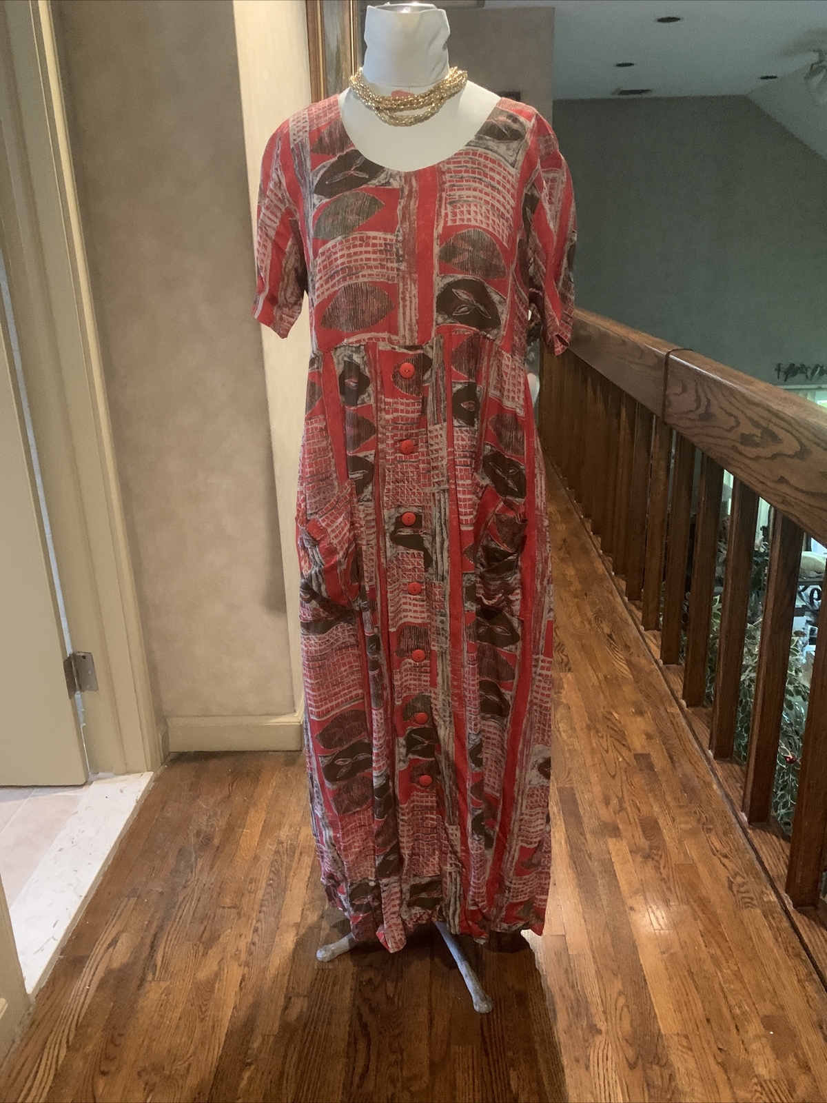 VINTAGE RABBIT DESIGNS ROOMY BOHO SHORT SLEEVE POCKETS MULTI COLOR DRESS SZ. M