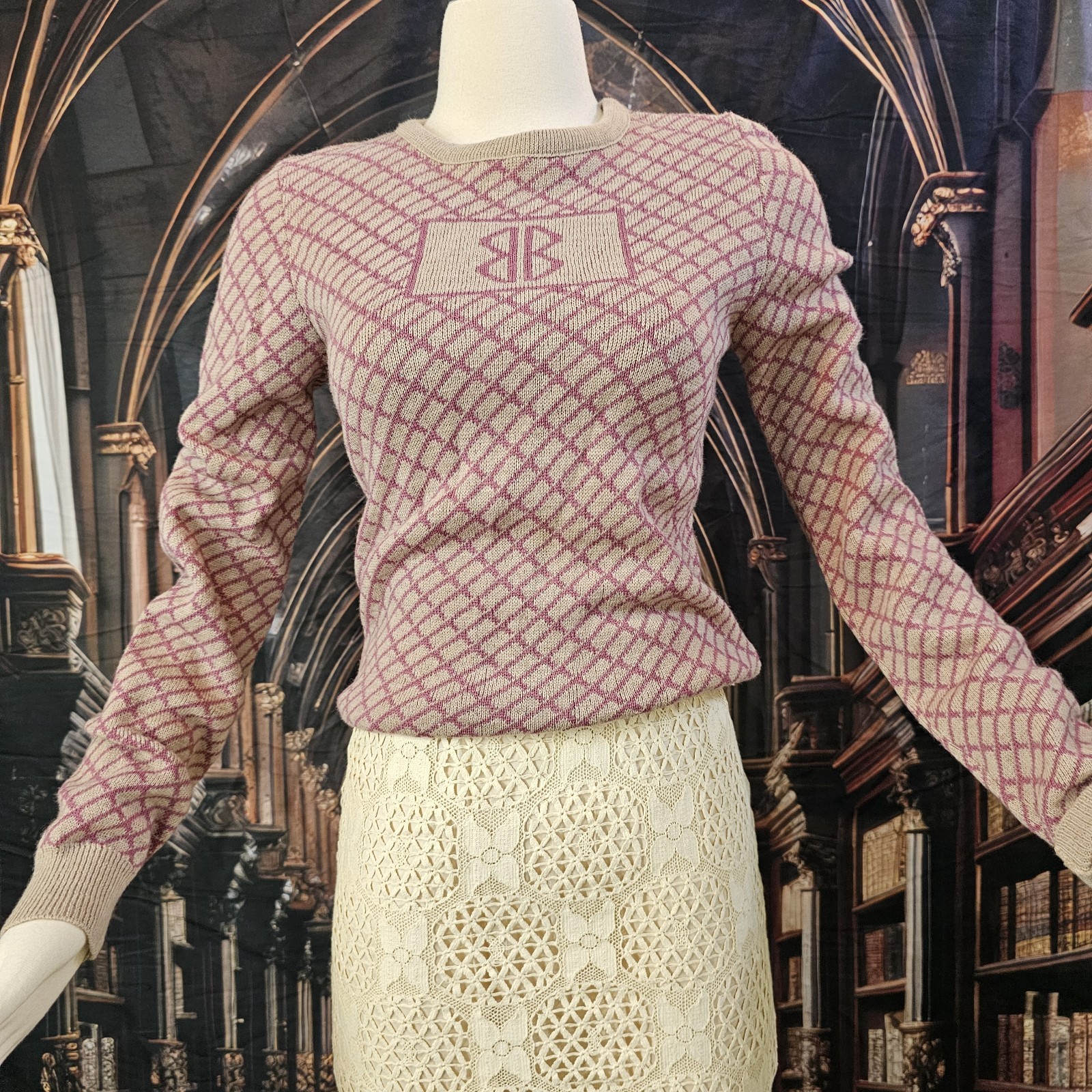 Vintage 1970s Sweater Pullover Mauve Pink Beige Diamond Pattern Double B