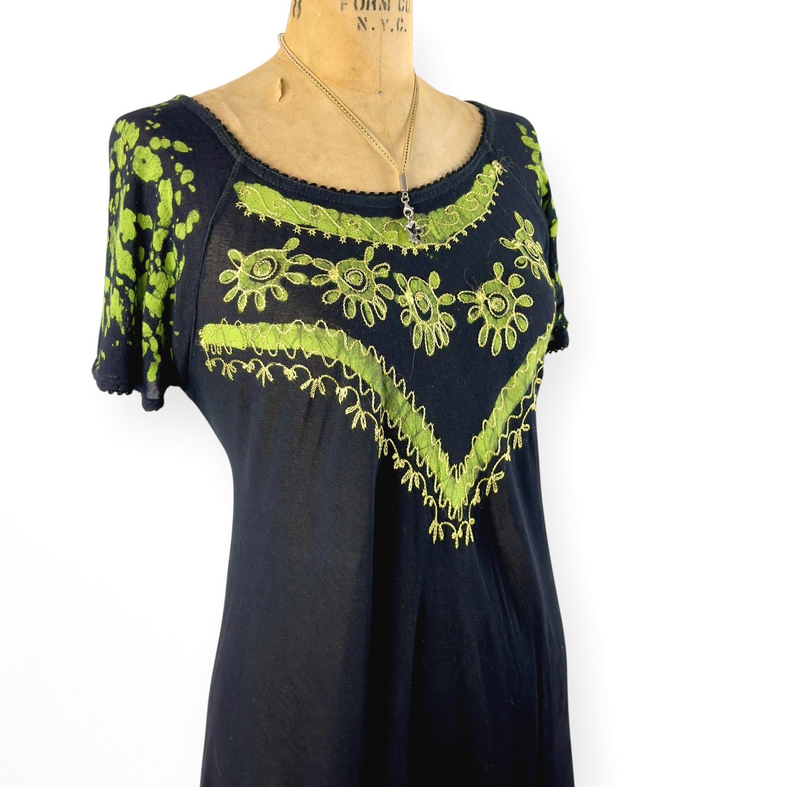 90s Embroidered Batik Midi Dress Umbrella Hem Cap Sleeve Rayon Hippie S M L XL