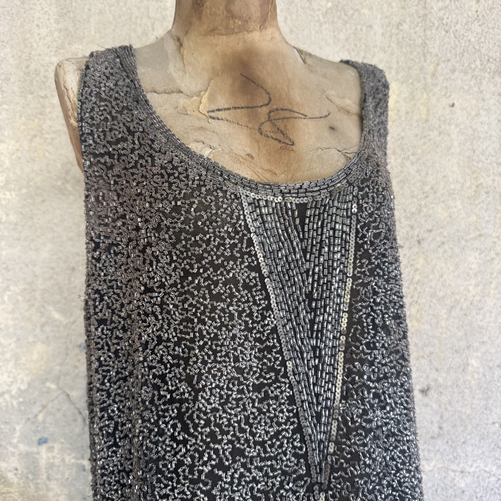 Antique 1920s Completely Silver Icy Beaded Gown Sequins Dress Scalloped Hem VTG