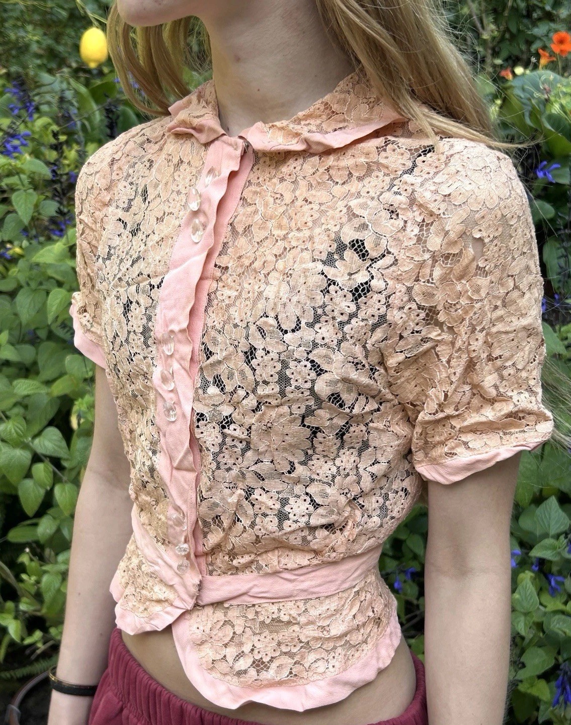 Vintage 20s 30s Lace XS Blouse Peach Handmade Antique