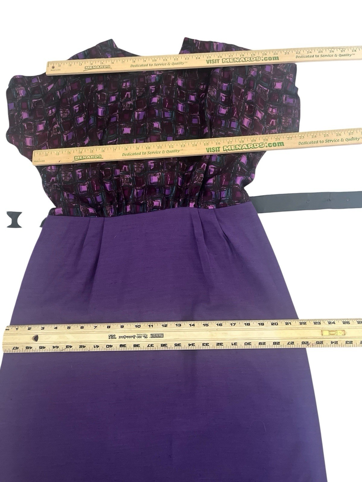 Vtg 50s Atomic Print Dress L Purple Cap Sleeve Silk Solid Skirt Belt Pencil Rare