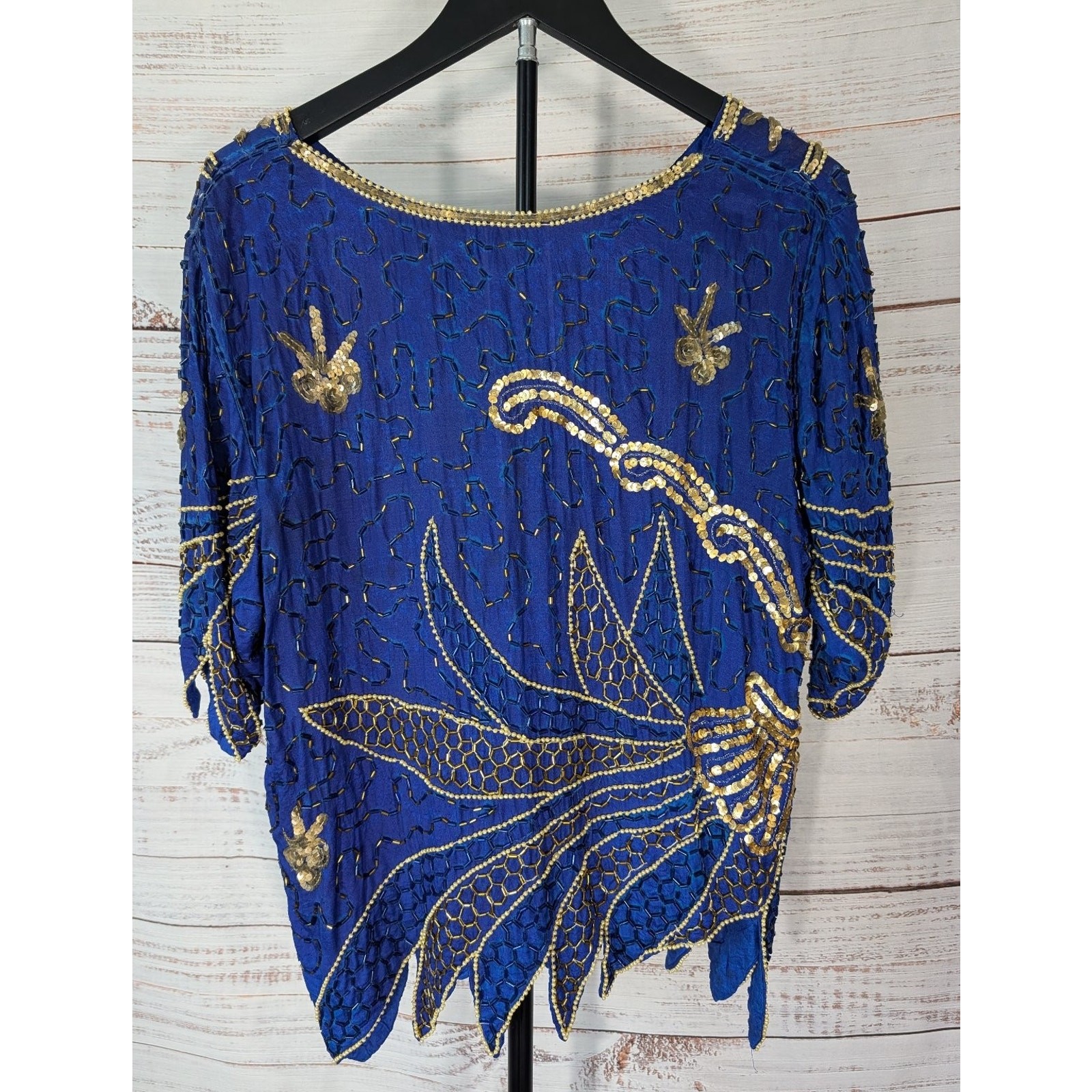 VTG Silk 3Pc Set Beaded Sequin Top Skirt Royal Blue Gold Art Deco Mermaidcore