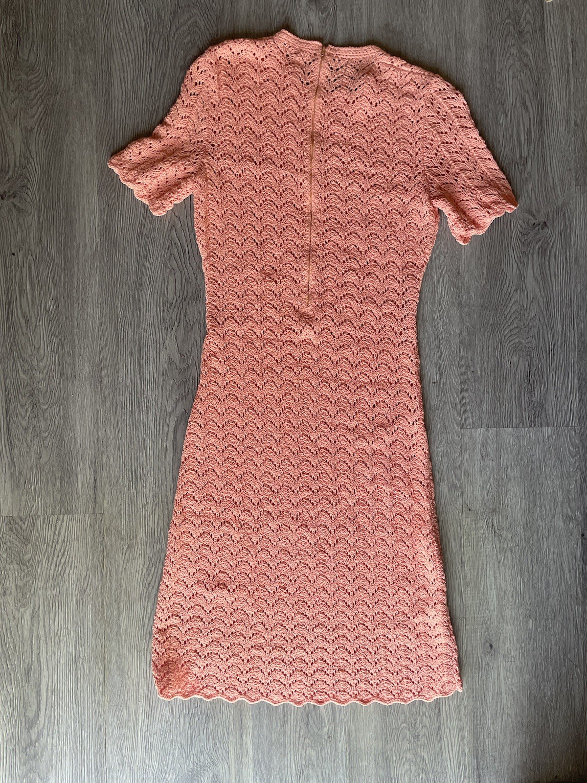Salmon pink vintage open crochet mid length zipper back dress 60s or 70s 1970s