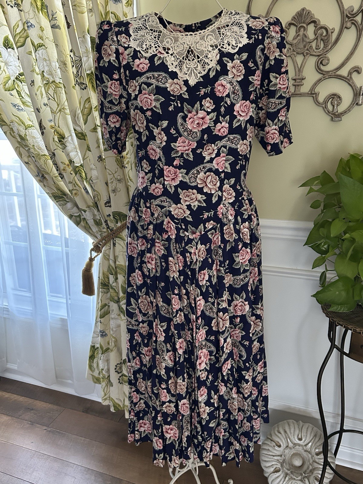 Women&rsquo;s Vintage 80&rsquo;s Garden Party Floral Paisley Print Dress 9 10 Large Rayon