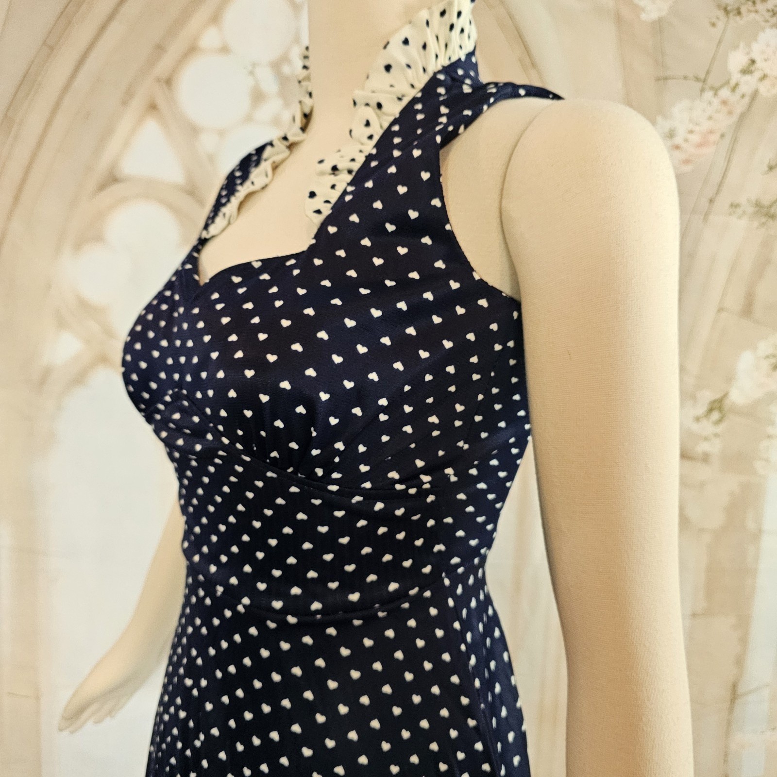 Vintage 1970s Dress Navy Blue White Hearts Ruffle Sweetheart Neckline Maxi