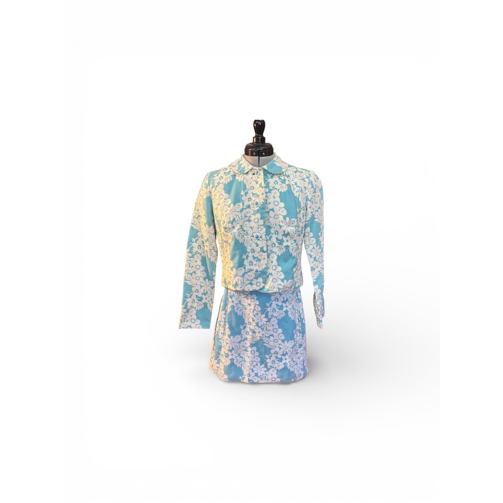 1960s Jamison Boutique B 38, W 30 Blue Floral Mod 2pc Suit Set Metal Zipper