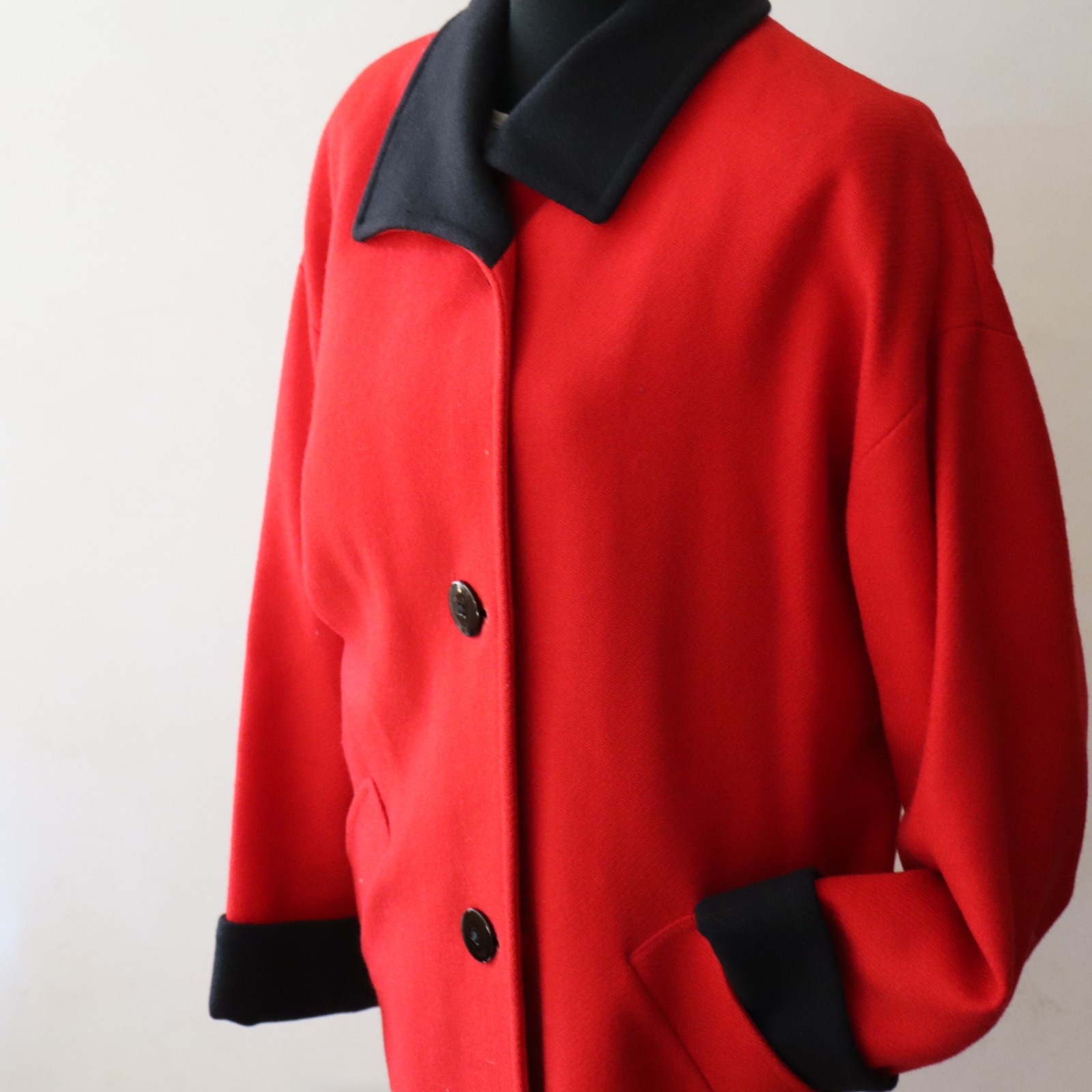 Vtg 1950s Virgin Wool Pendleton Mid Length Coat Red w Black Collar Sz Lg? USA!