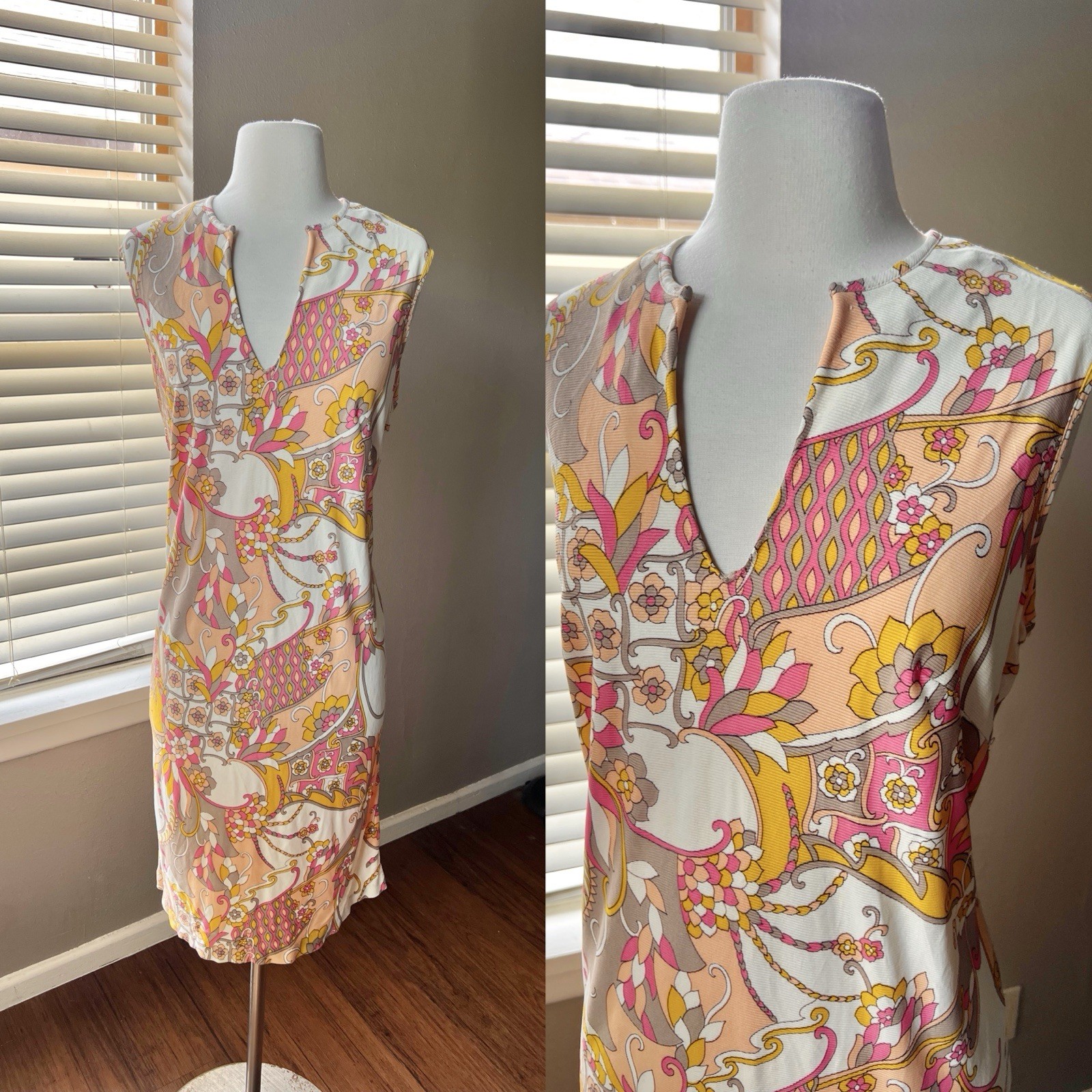 Vintage 70s Psychedelic Shift Dress XL Sleeveless Mod Groovy Pink Yellow Orange