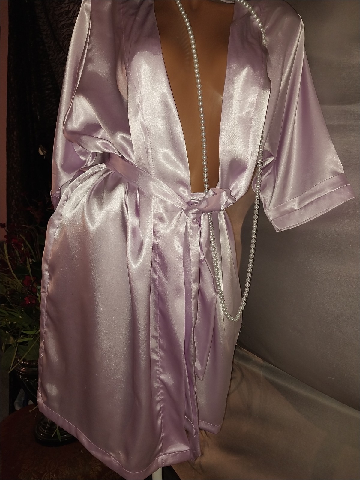 VTG SATIN POWDER PINK LILAC SHINY ROBE OSFM 44/46&Prime;