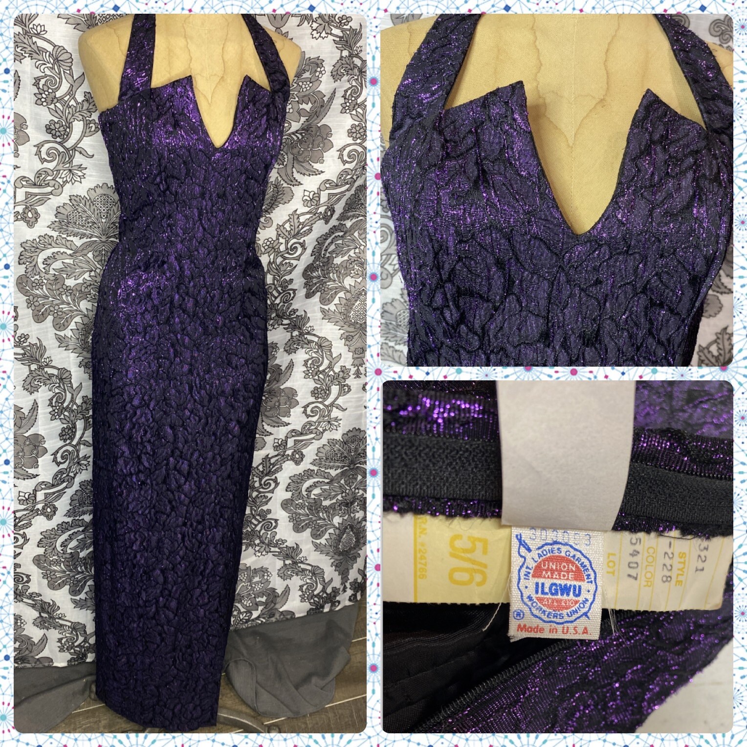 Vintage Flirtations Alfred Angelo Black Purple Metallic Formal Dress USA 5/6 EUC