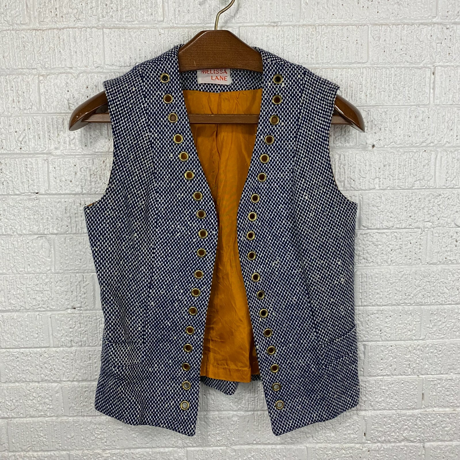 Vintage Melissa Lane Vest Blue White Womens Size 8 Gold Eyelets 60s 70s