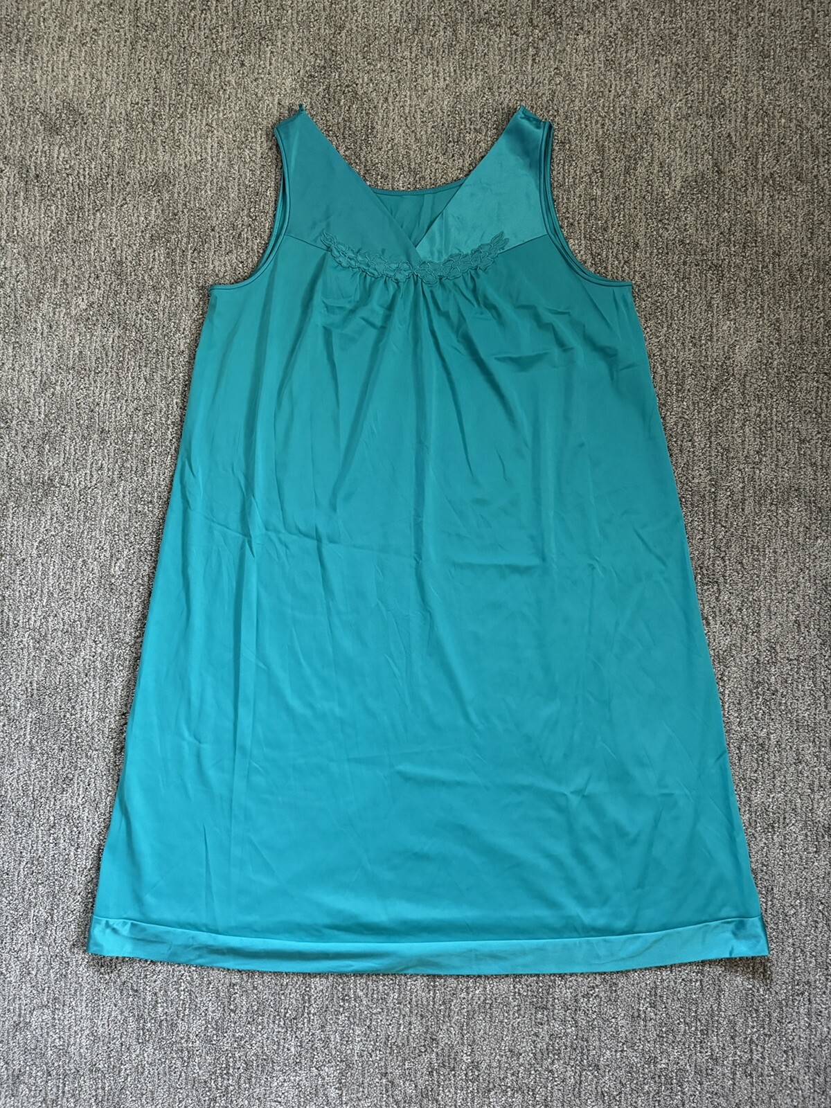 Vanity Fair Vintage Tank Top Nightgown Teal Green Mid Length Lace Satin USA Med