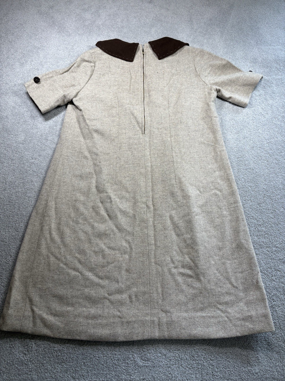 1950s Wool Shift Dress Herringbone Handmade Collared Short Sleeve Women’s L/ XL