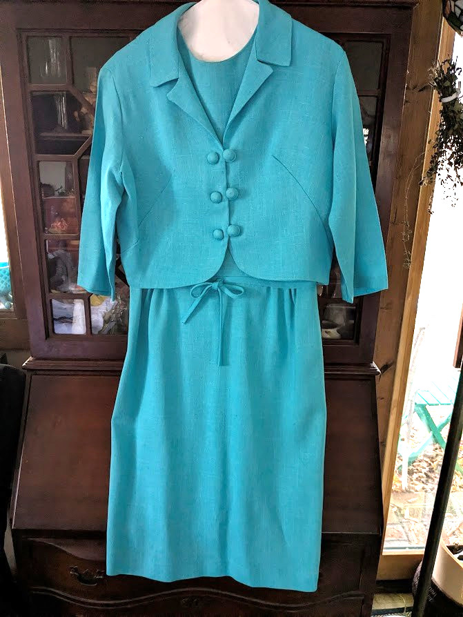 VINTAGE 60&rsquo;S ? WOMENS Turquoise LINEN? DRESS & JACKET set size 16 EUC