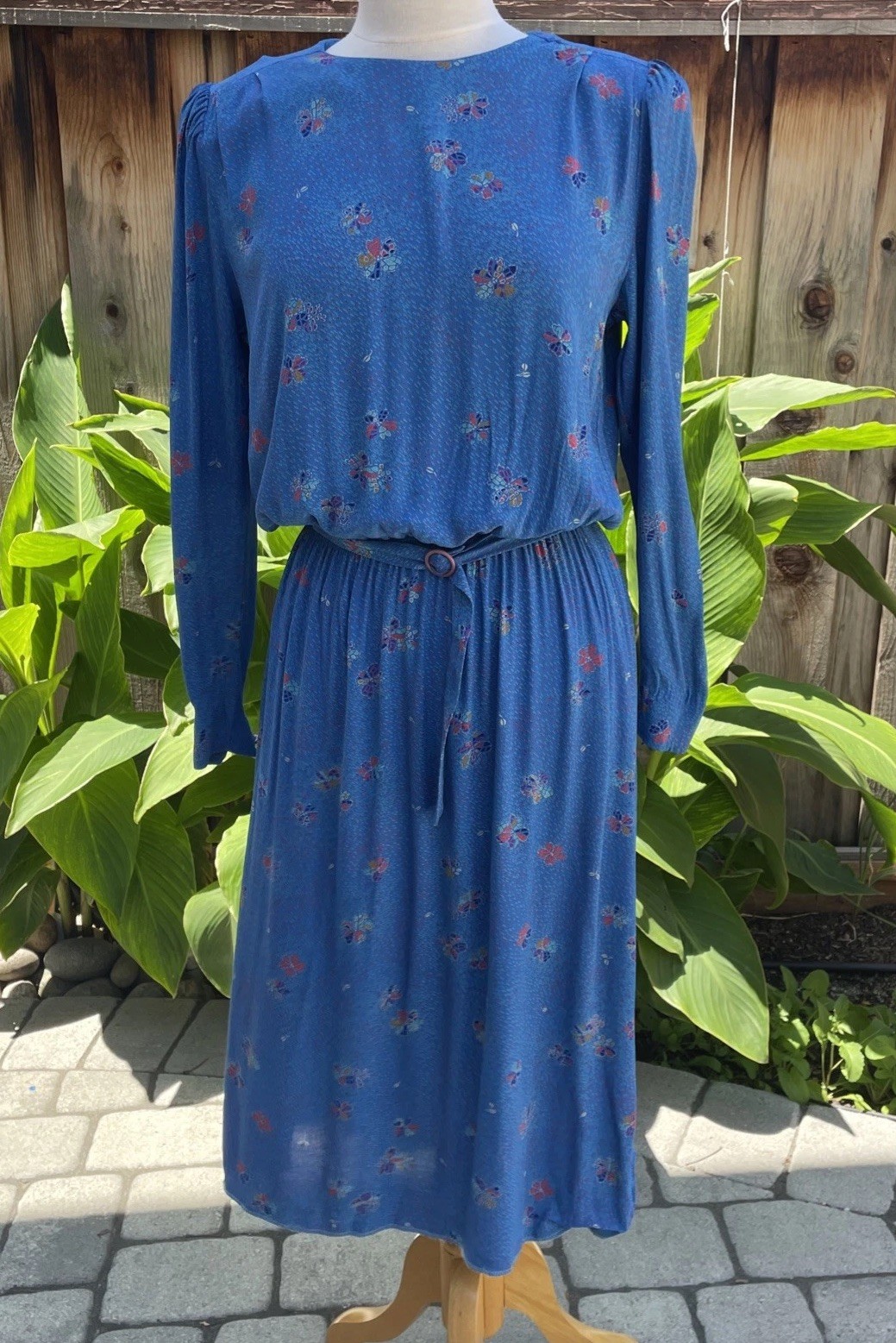 VTG Joseph Magnin Dress Sz XS/S Blue Floral Long Sleeves Knee Length Retro 70s