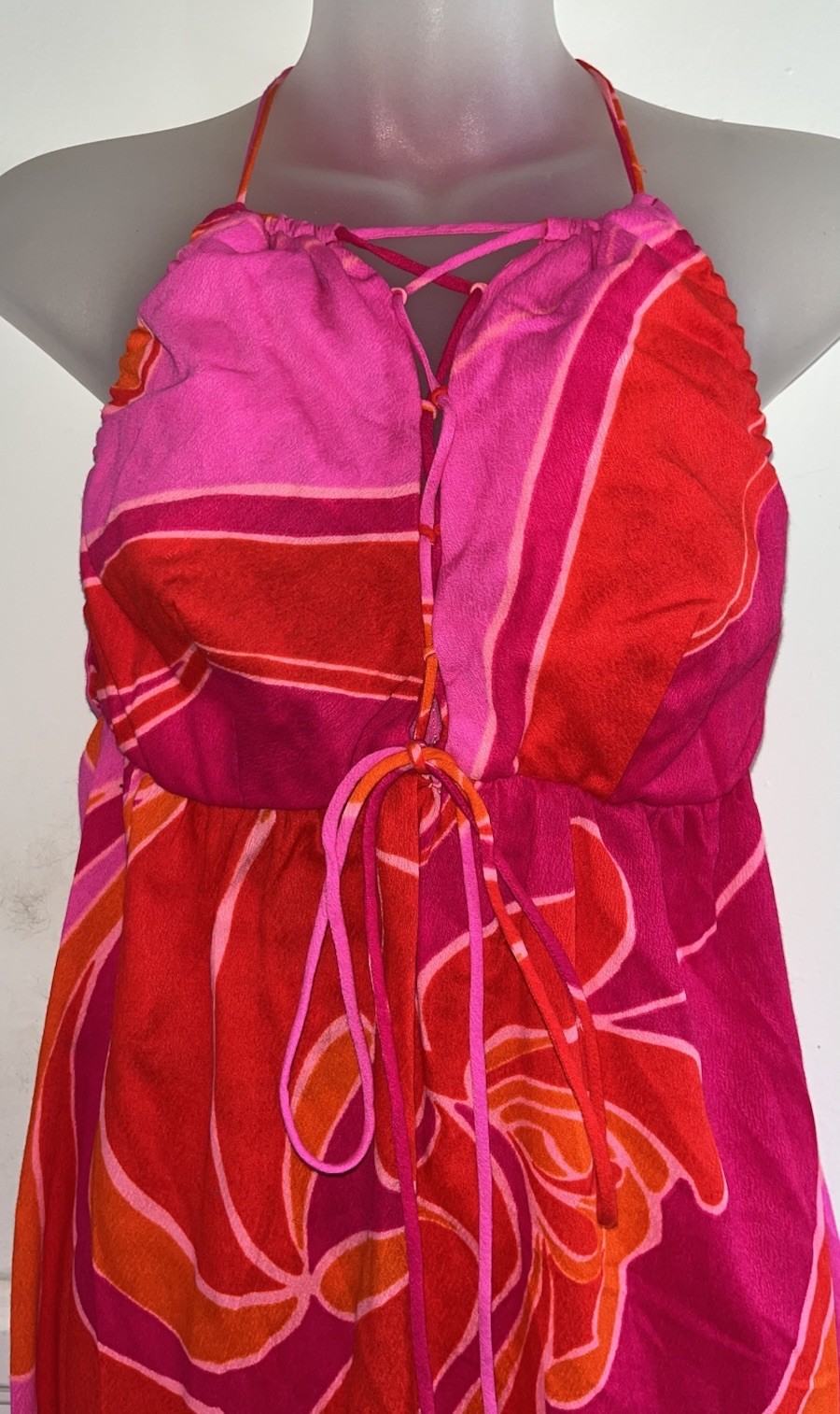 Vtg 1970s FUMI&rsquo;S At WAIKIKI Floral Pink Orange Bark Cloth Hawaiian Maxi Dress 10