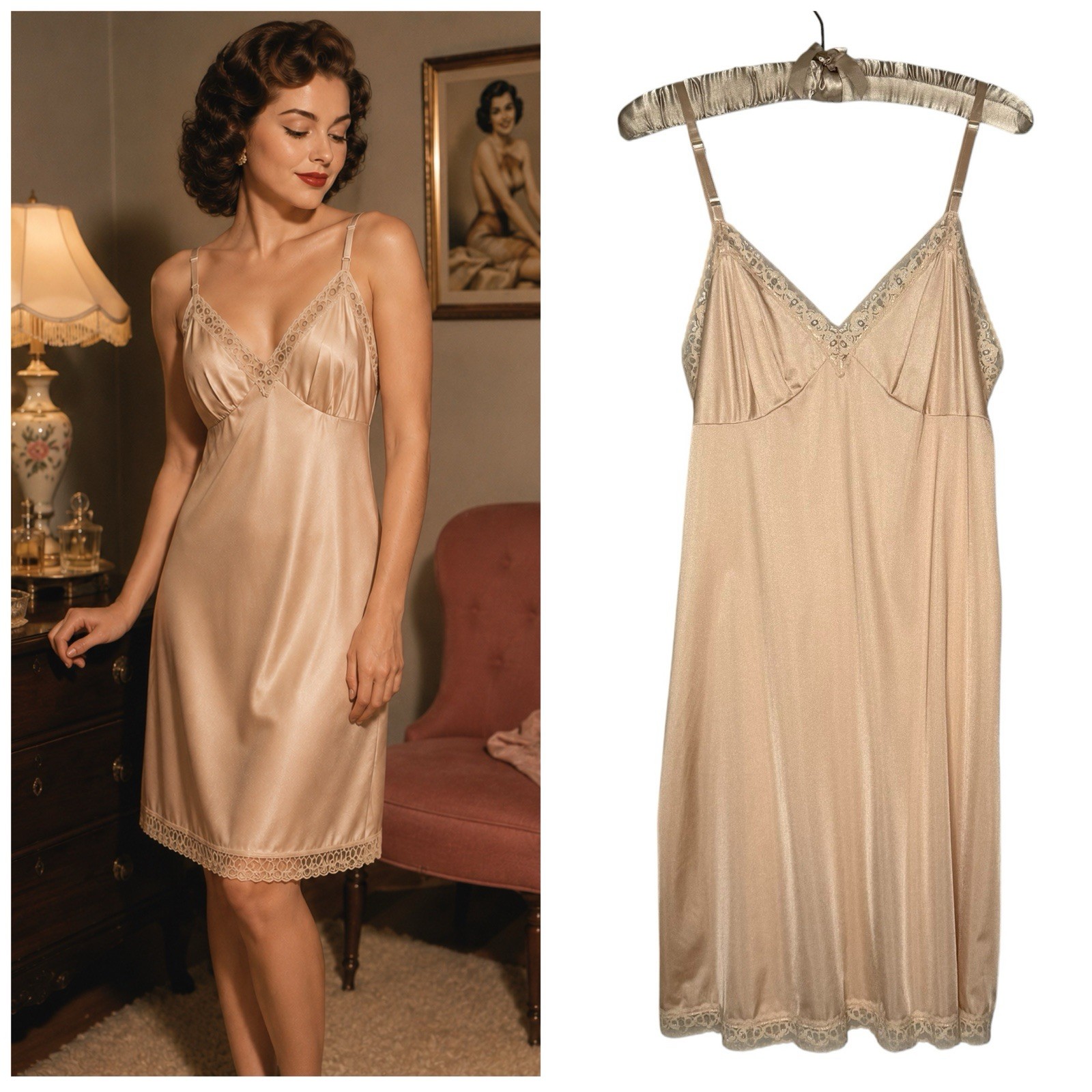 Vanity Fair Slip Dress Size 38 Large Nude Nylon Floral Lace Trim USA Vintage
