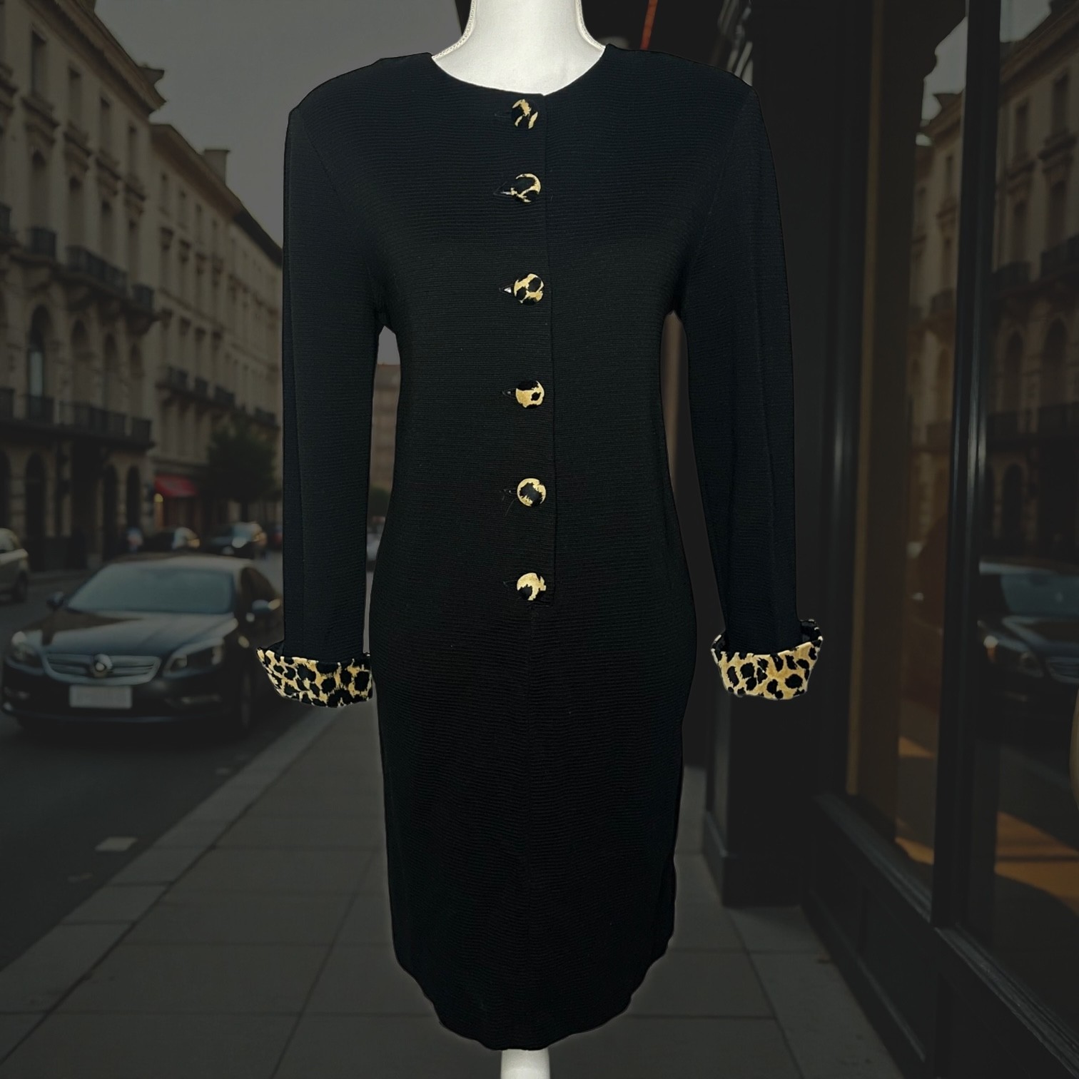 Vintage Stuart Alan Size 10 Black Leopard Dress Button Classic Cocktail Modest