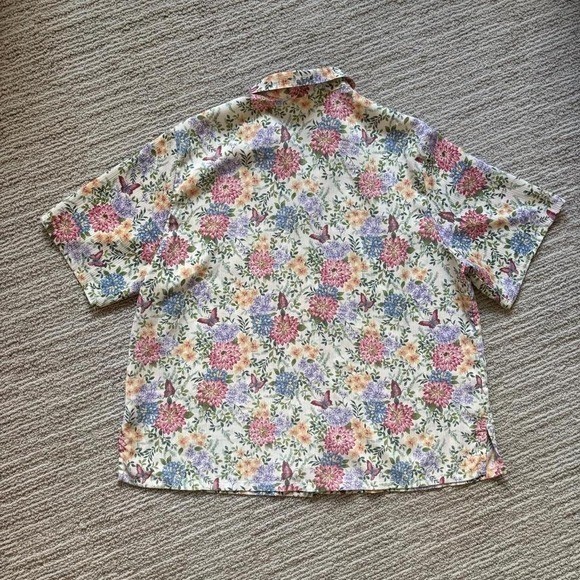Bon Worth Button Up Shirt Retro Crinkle Fabric Floral Butterflies Camp Collar 1X