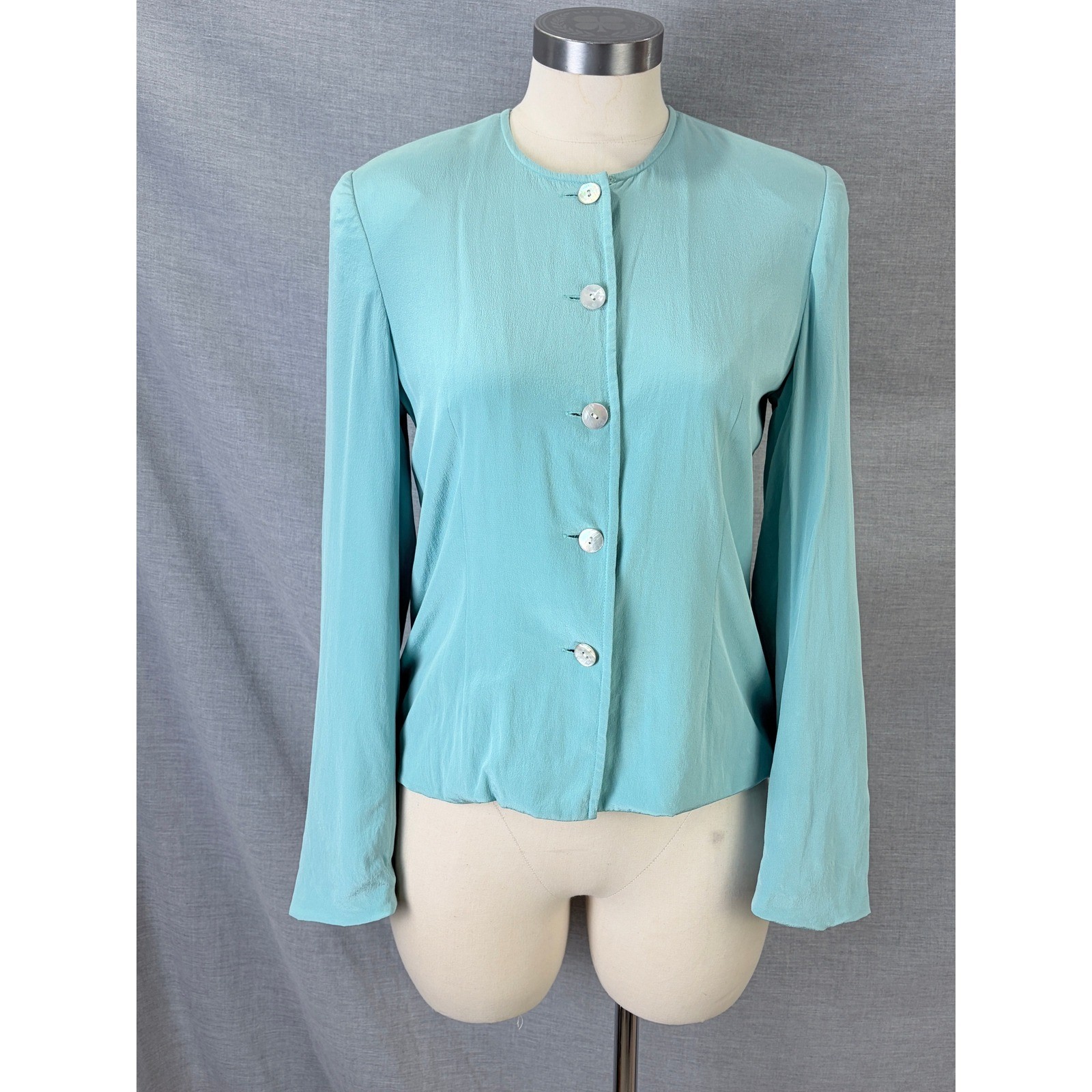 Vintage Casual Corner 100% Silk Button Front Blouse Aqua Turquoise Lined Size 2