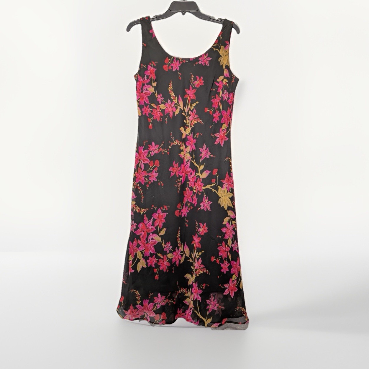 Vintage 90s Virgo Floral Dress Black Pink Flowy Women’s Size Large 14