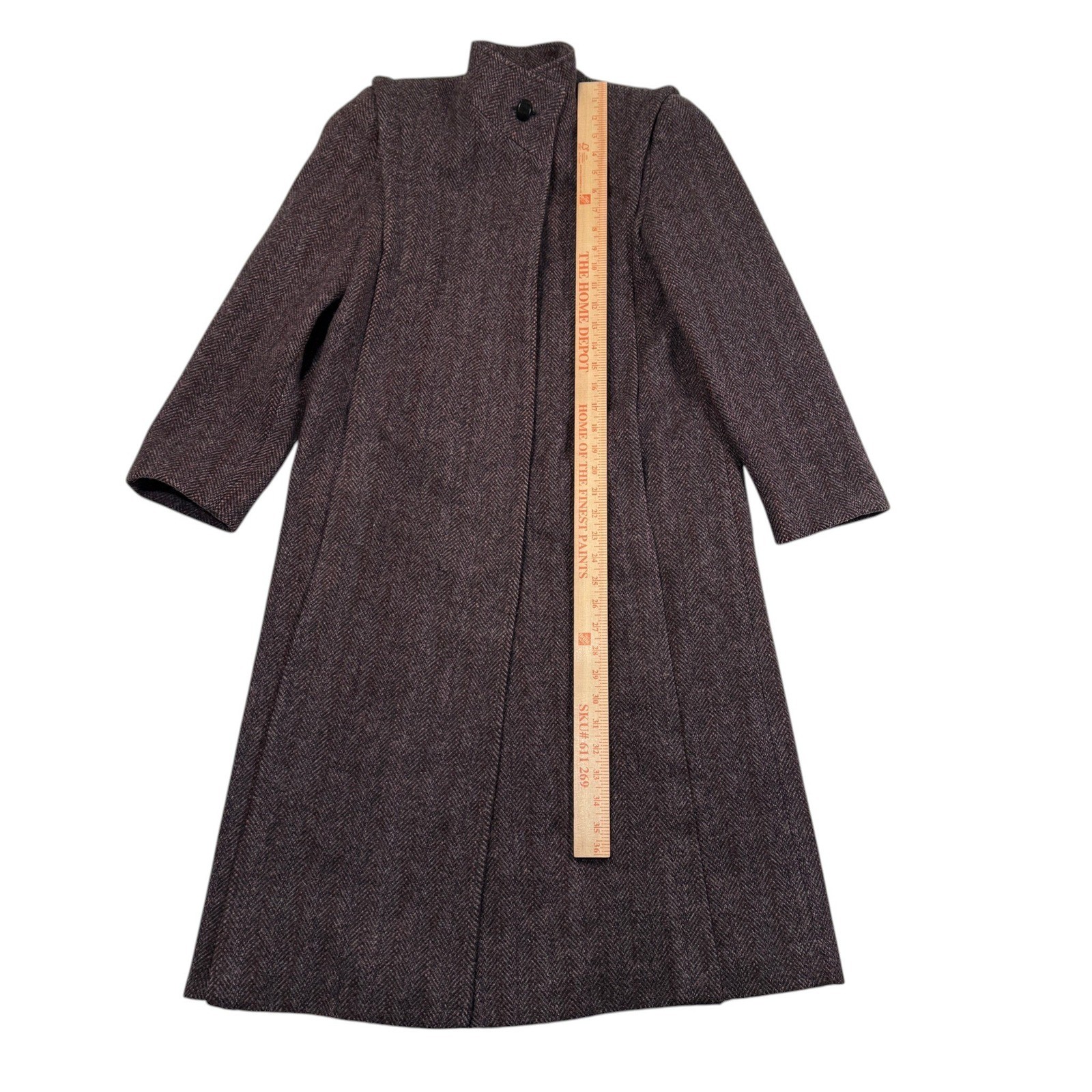 Vintage Projections Ltd Herringbone Wool Long Coat Funnel Neck Union Made USA M