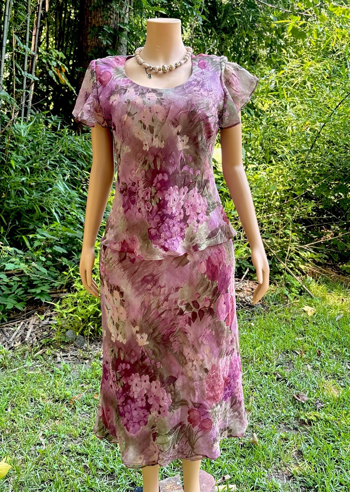 Vintage Miss Dorby Floral Dress Women’s Sheer Overlay Flutter Sleeve USA Sz 10
