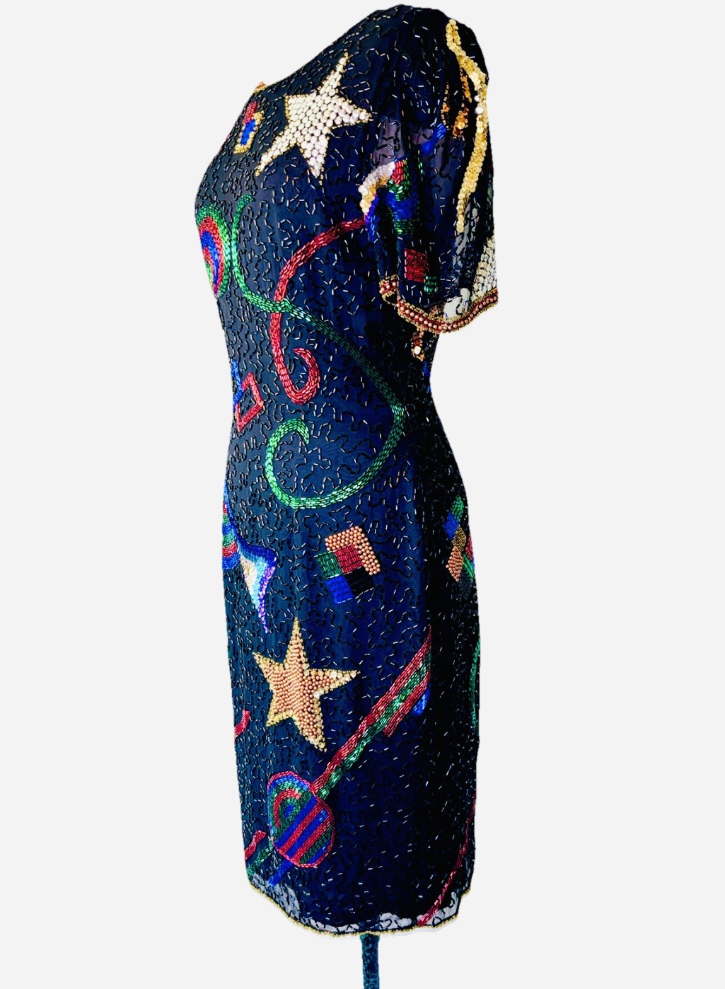 Vintage 80s Silk Heavily Hand Beaded Sequin Celestial Dress by Nadine Boutique