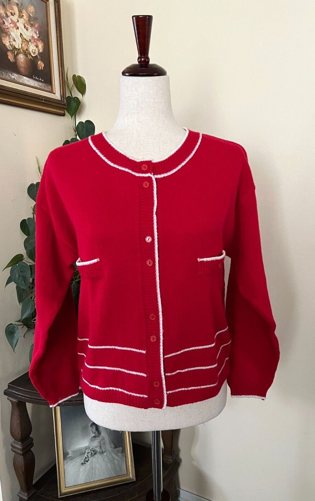 A&rsquo; Milano Vintage Red Cardigan Sweater White Trim sz M