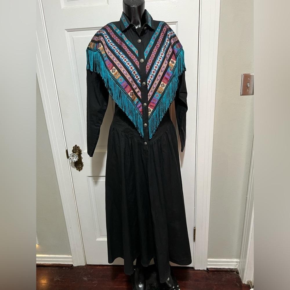Vintage Womens Western Black Turquoise Fringe 1990s Button Up Dress Size 7/8