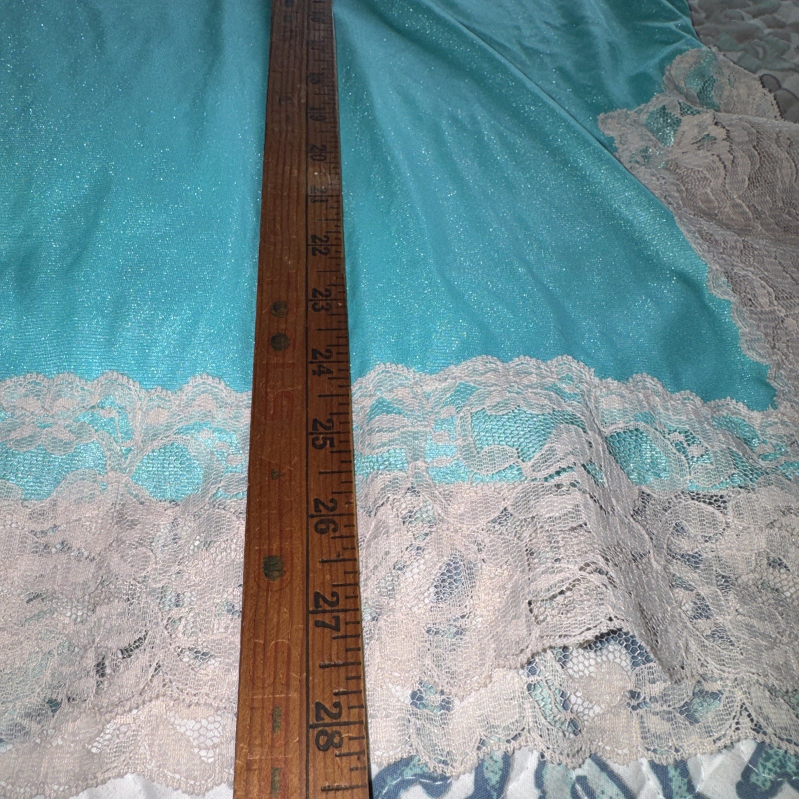 ERICA LOREN Vtg 1970s NYLON Pajama Set AQUA Blue Lace Trim SMALL Boho
