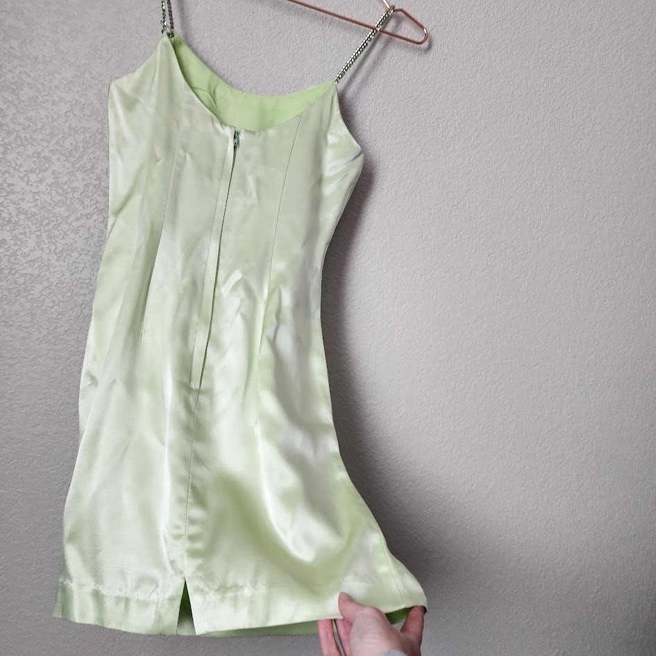 JESSICA MCCLINTOCK 90s Y2K Satin Slip Dress Mint Green Rhinestone McBling 5/6