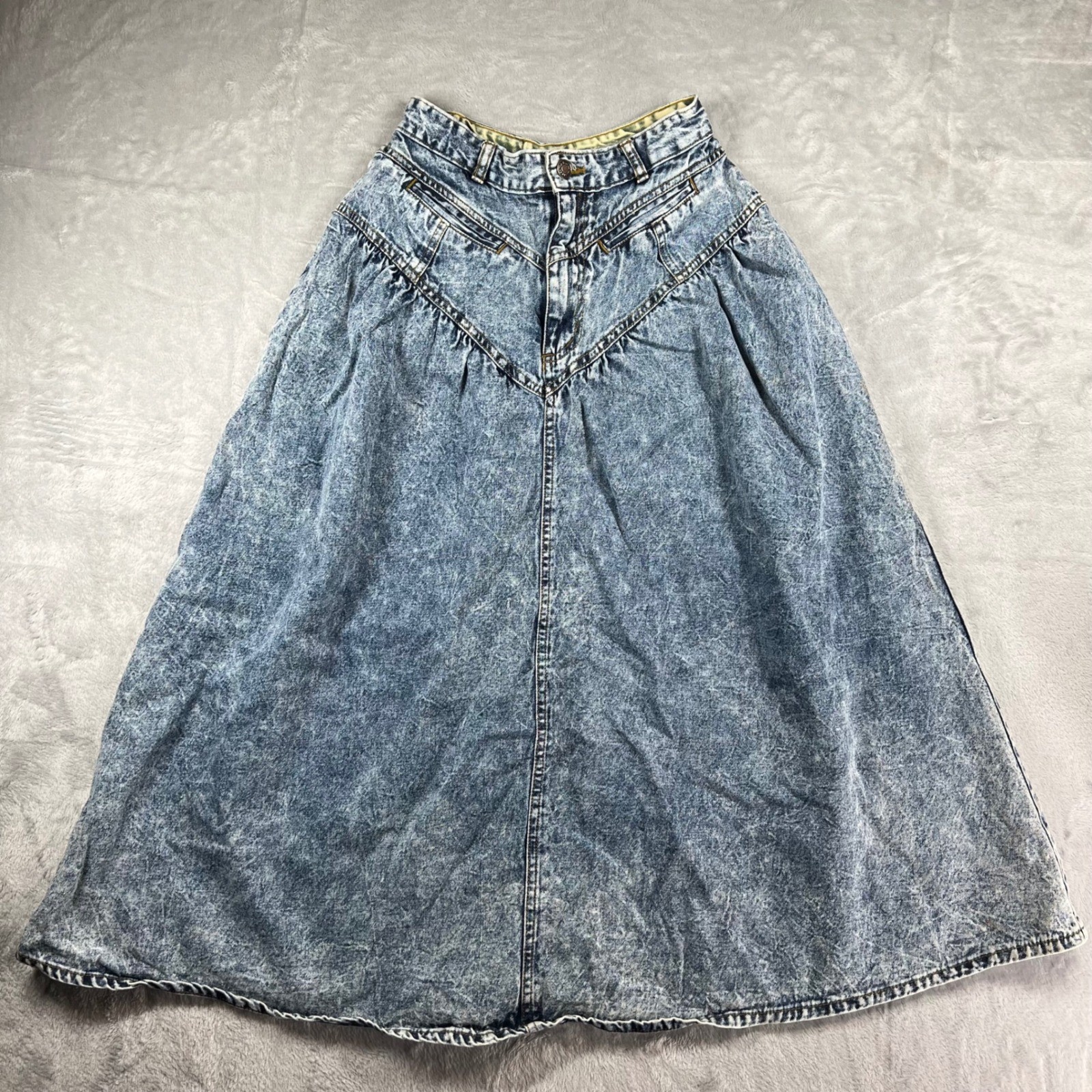 Vintage 80&rsquo;s Jordache Basics Acid Wash Denim Midi Skirt High Waist Pleated 5/6