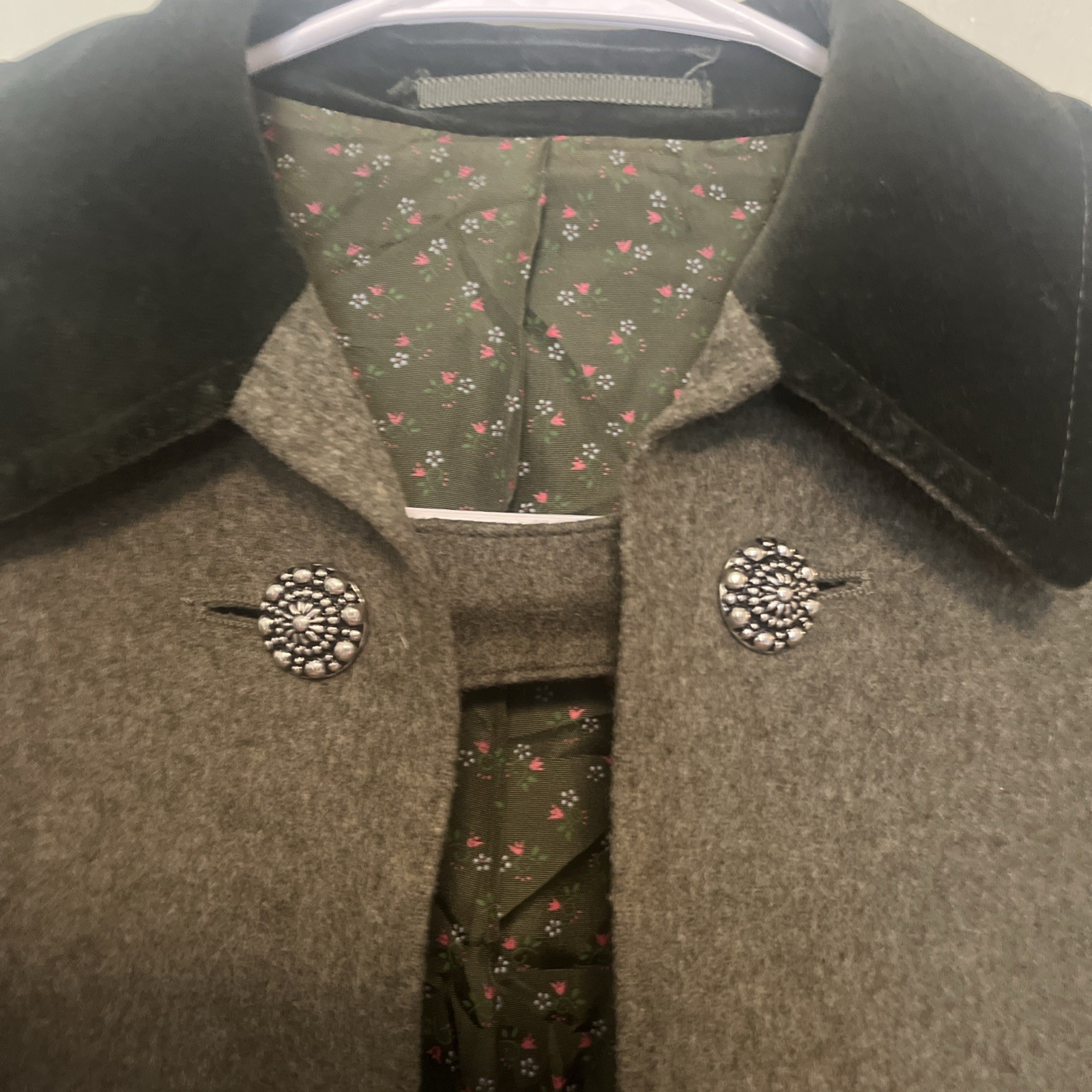 Tirol Baur Loden Austrian Wool Cape Coat Heather Green Floral Lining S/M 36 Euro