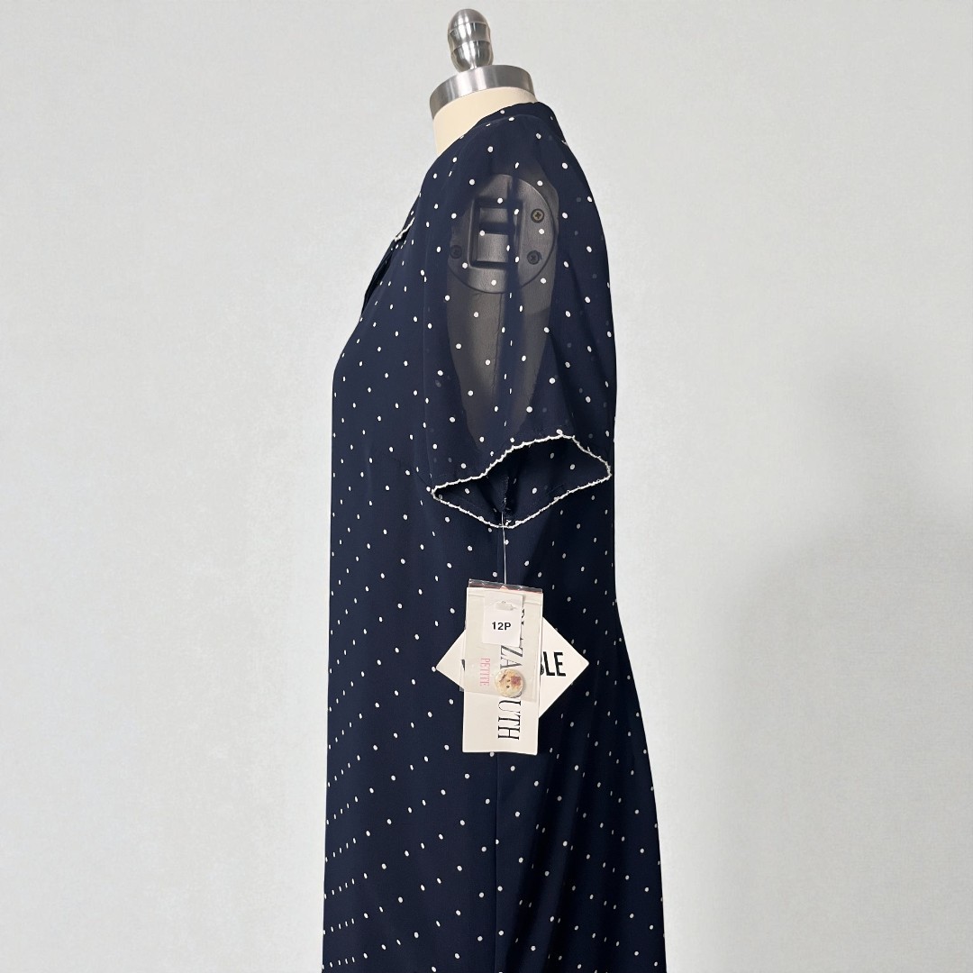 NWT VTG 90s Plaza South Coast 12P Maxi Navy Blue & White Polka Dot Shirt Dress