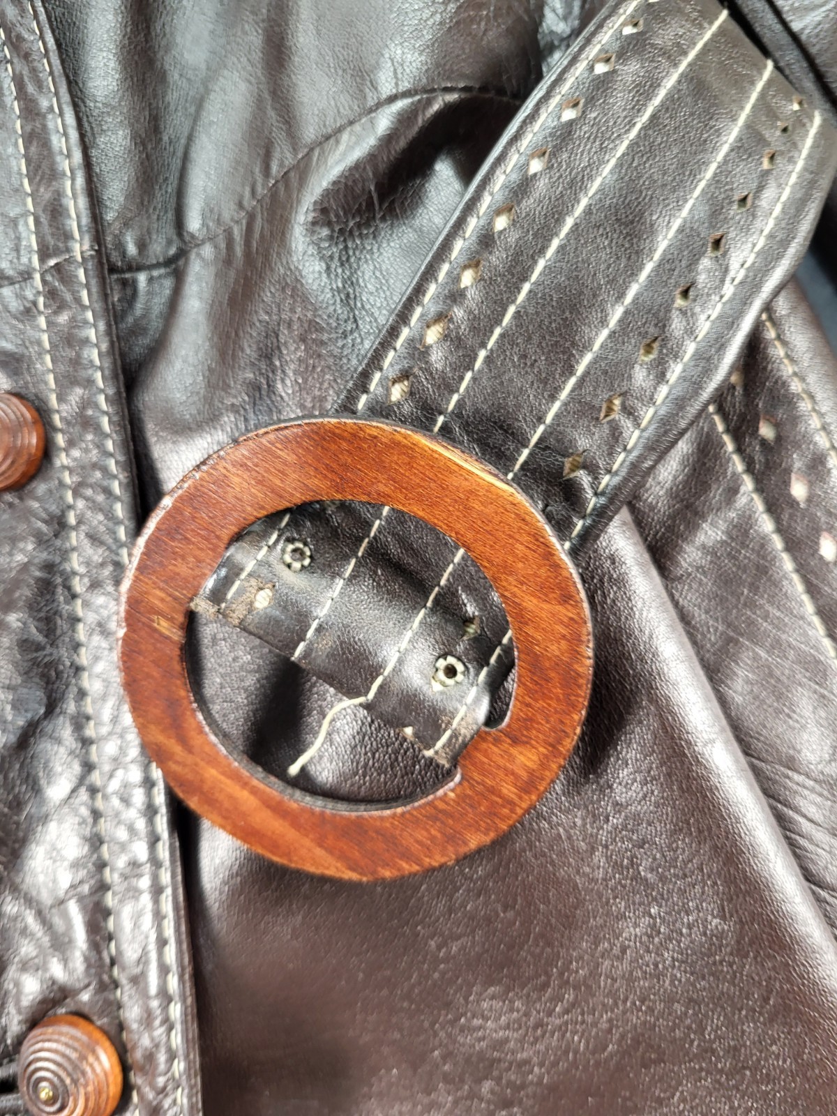 Dan Di Modes Belted Brown Leather Trench No Size Tag Distressed Spots Vintage