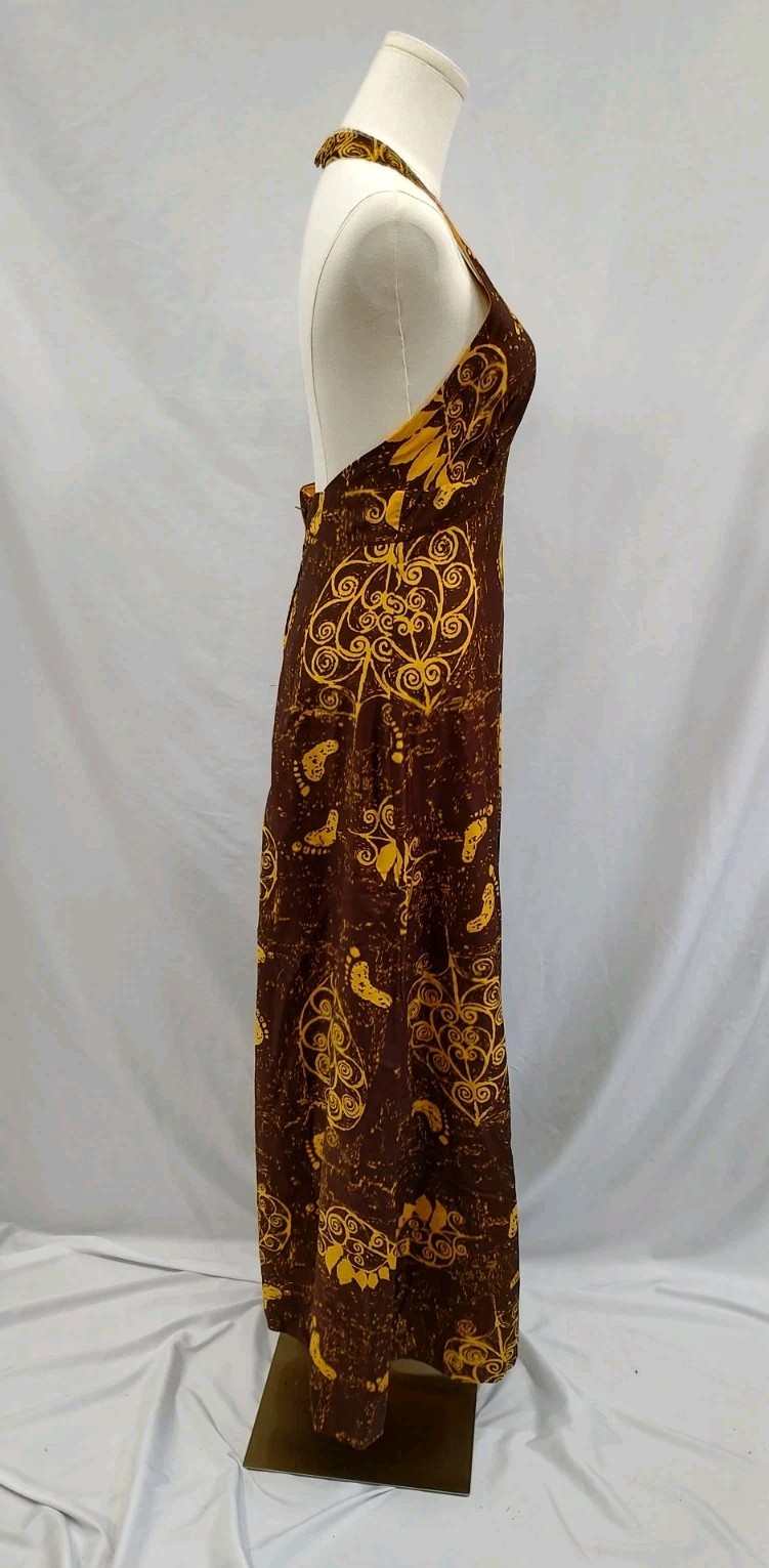 70&rsquo;s Vintage Hawaiian Dress Maxi Halter Tiki Barefoot Beach Print Brown Sz XS/S