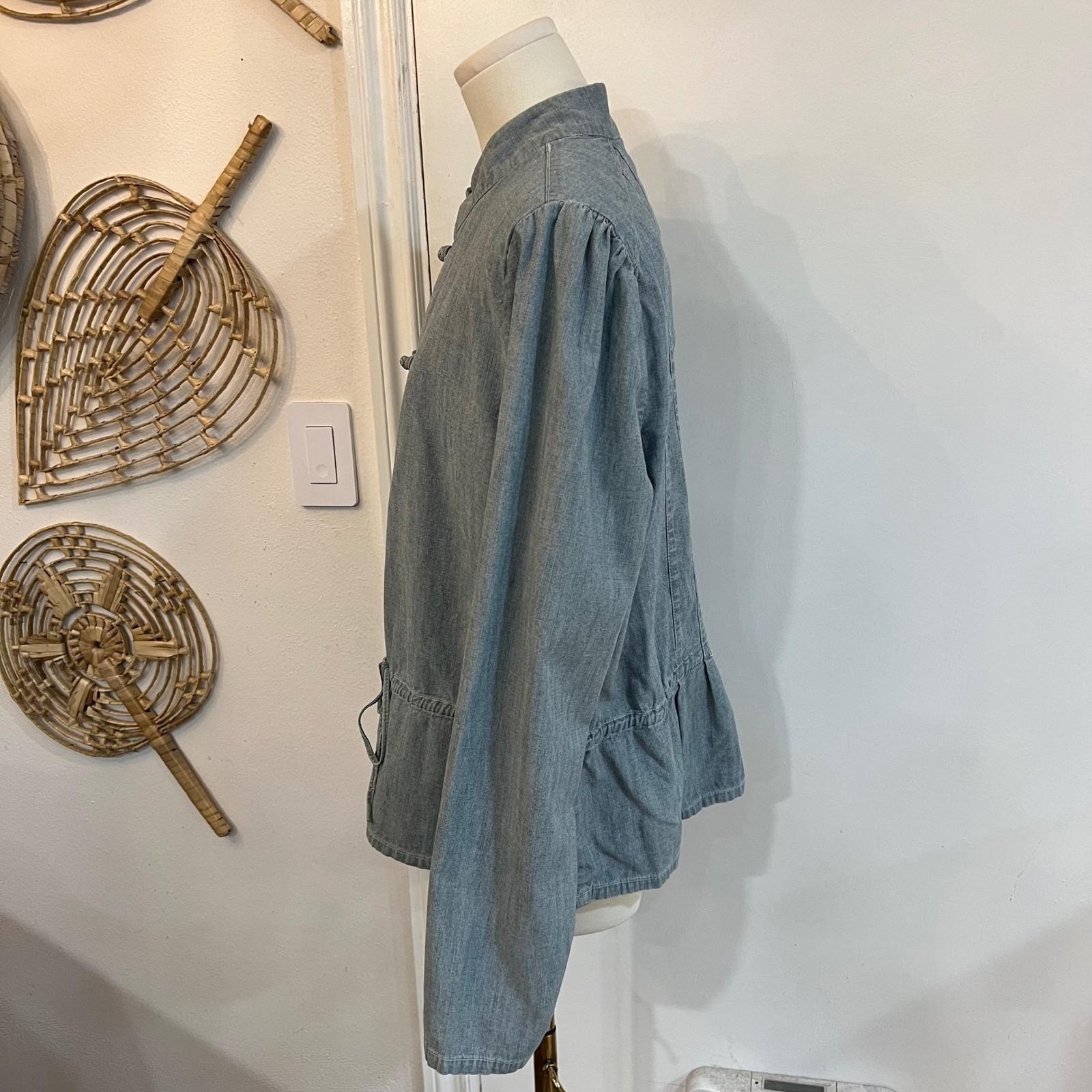 Vintage Chambray Frog Closure Jacket Mandarin Collar Tie Waist Minimalist 16